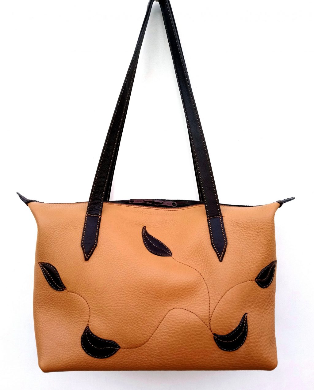 A.A.Les Sacs à M'Alice Sac à main Champlan Beige, feuilles et poignets marron