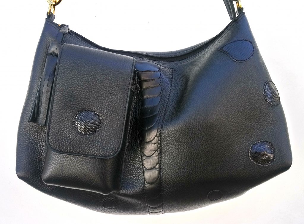 Alice Angevin, Les Sacs à M'Alice, Sac à Main Maryvon Vachette grainée Noire Autruche, Iguane devant